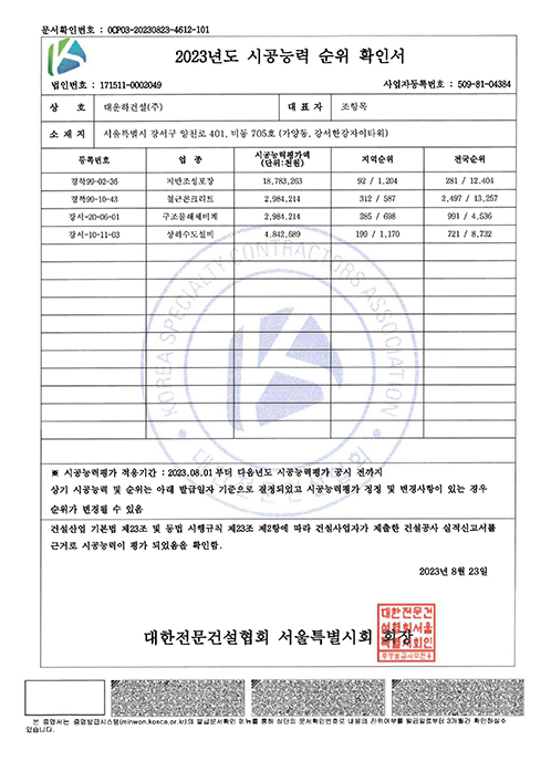 2023년 시공능력 순위 확인서